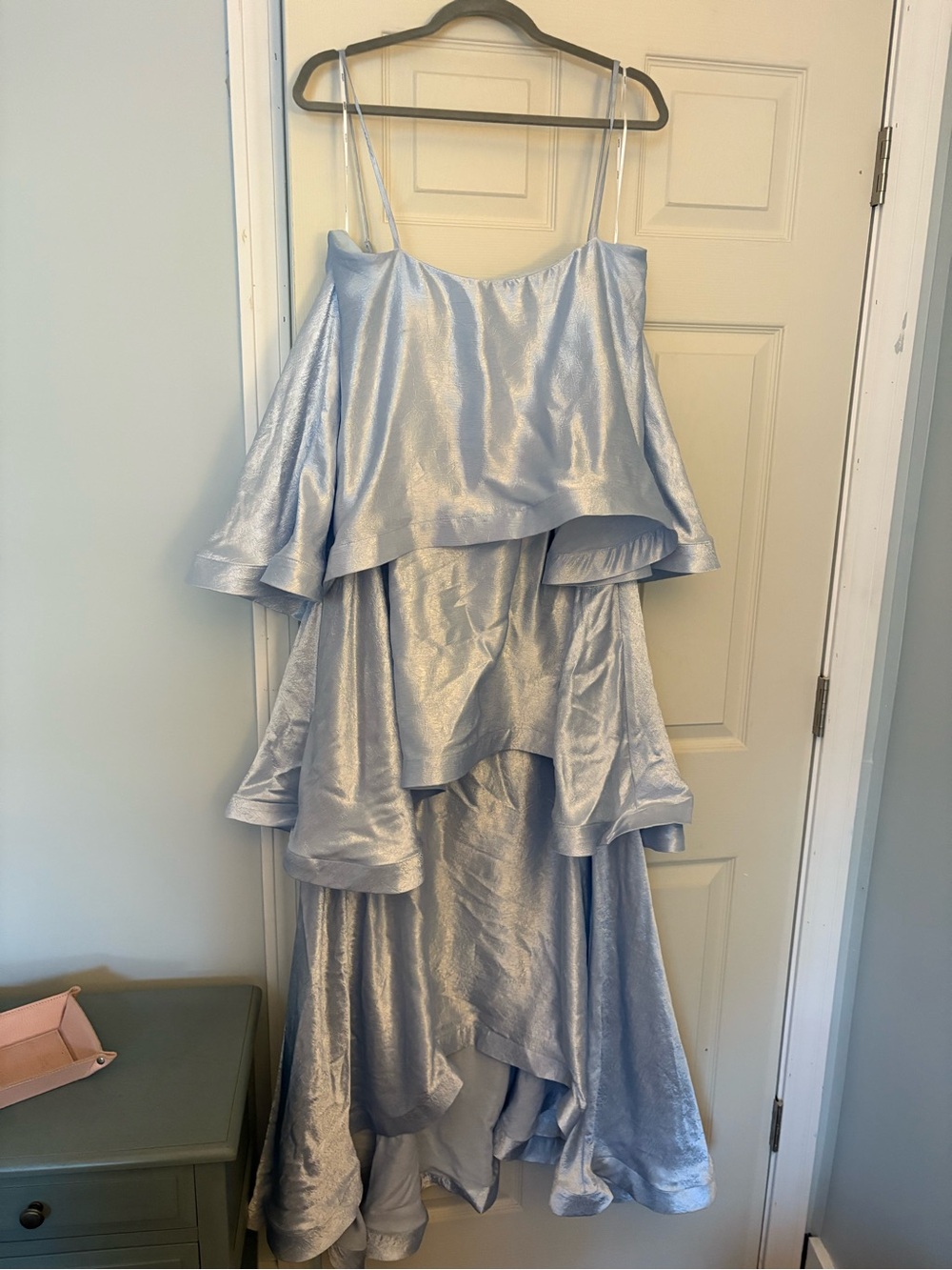 Elliatt Silver-Blue Satin Tiered Maxi Dress